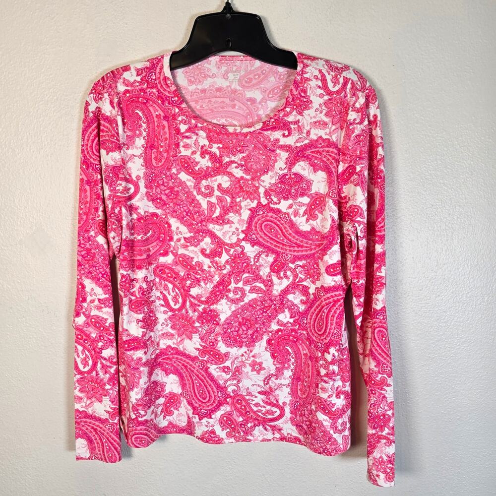 Lands End Rash Guard Womens MP Pink Paisley Beach Summer Coastal Vacation Resort